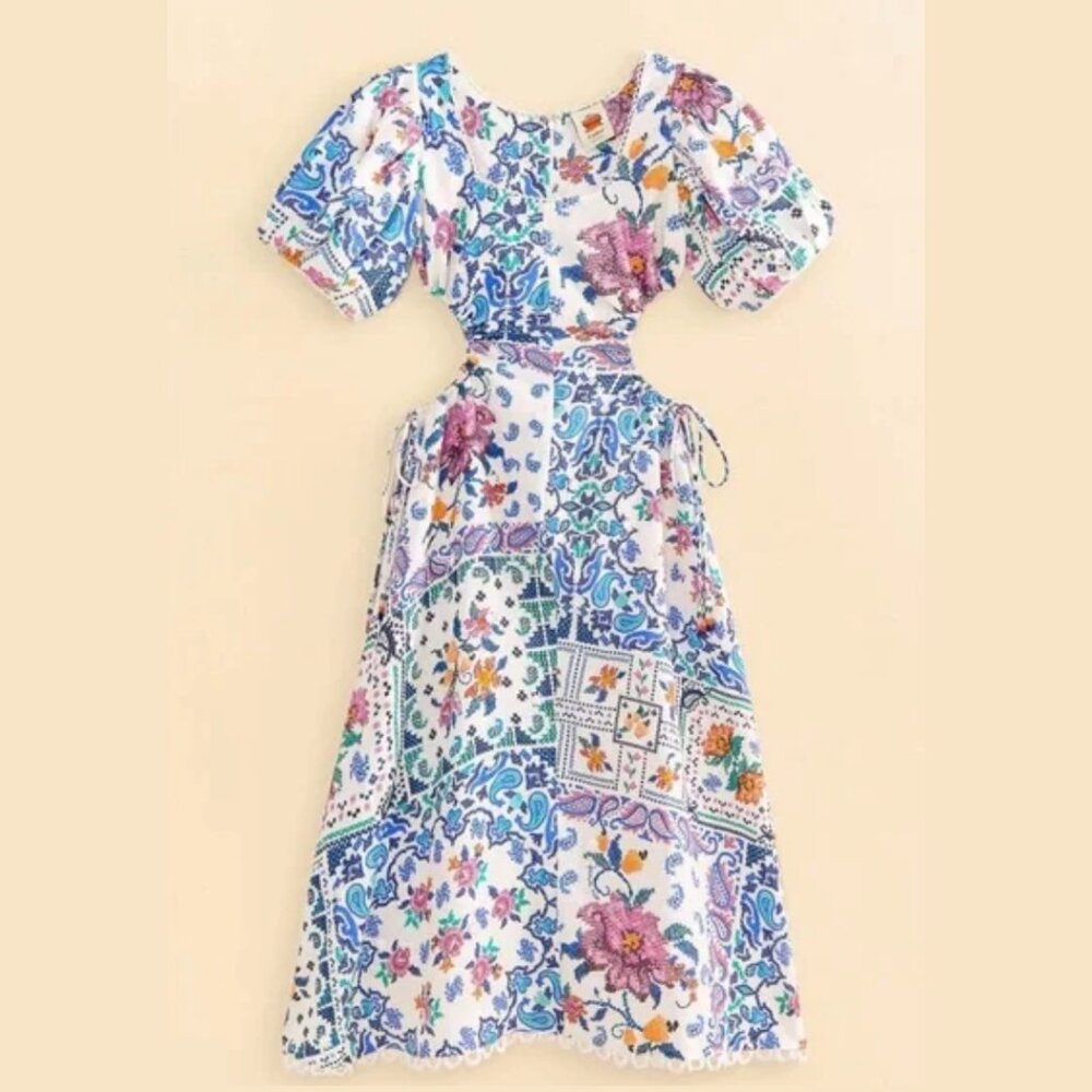 Farm Rio Romantic Bandanas Puffy Sleeves Midi Dress - Picture 3 of 15